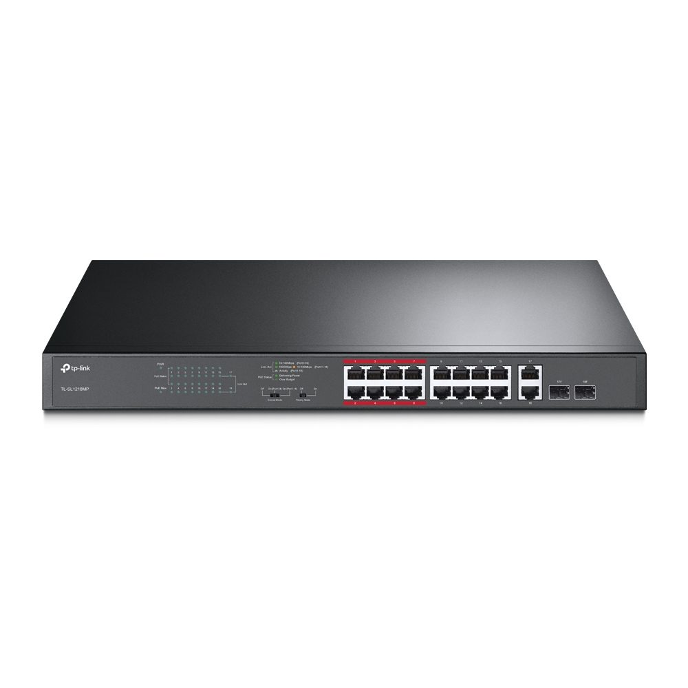 Switch Tp-Link  (TL-SL1218MP) 16 ports PoE+ 10 / 100 Mbps RJ45, 2 ports RJ45 Gigabit et 2 emplacements combo SFP Gigabit